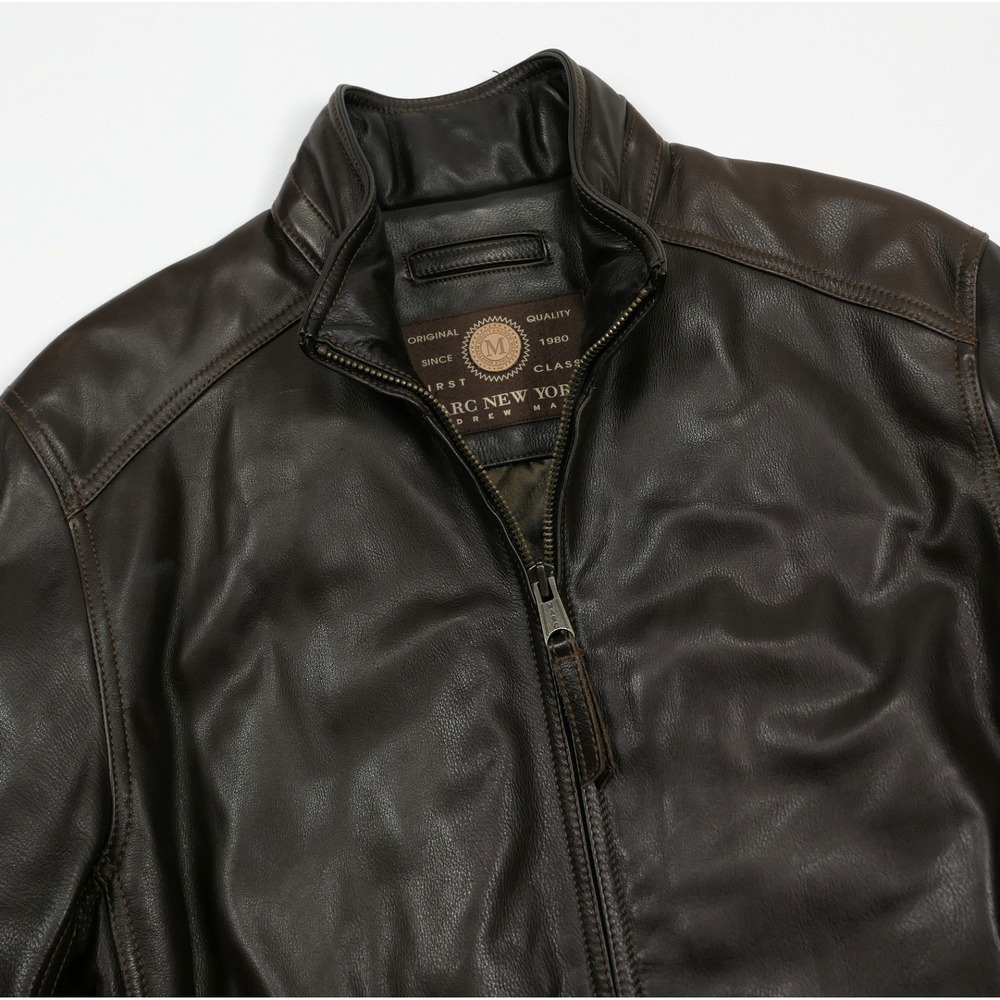 Andrew Marc New‎ York Brown Leather Bomber Jacket Men's M ~ Concealed Hood
